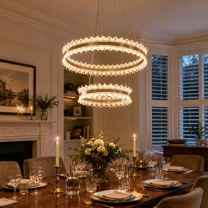 metal ring pendant light in a sunlit breakfast nook