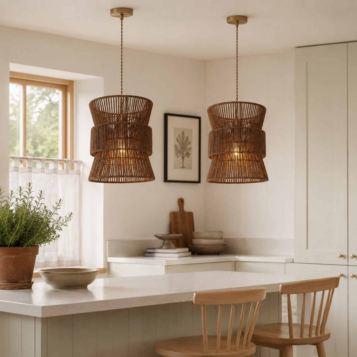 artisanal handwoven eco-friendly circular pendant light over a warm kitchen counter