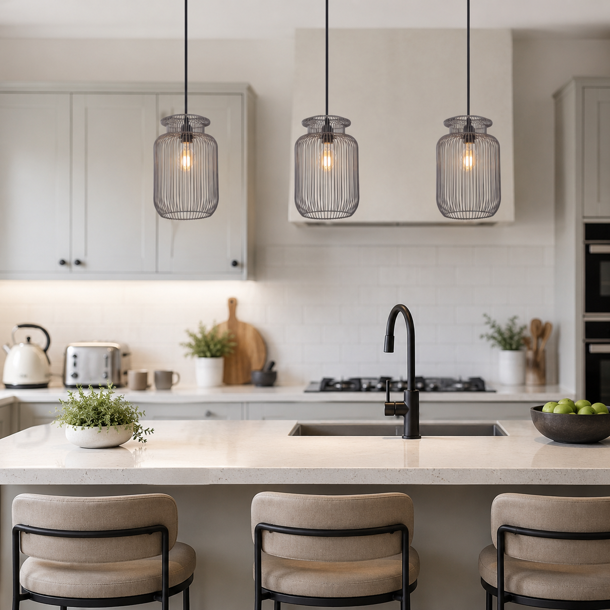 grey iron pendant light over a warm kitchen counter