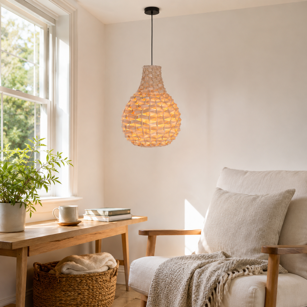 bamboo cone pendant light above a bright dining table
