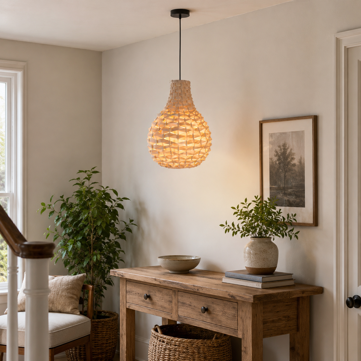 bamboo cone pendant light over a warm kitchen counter