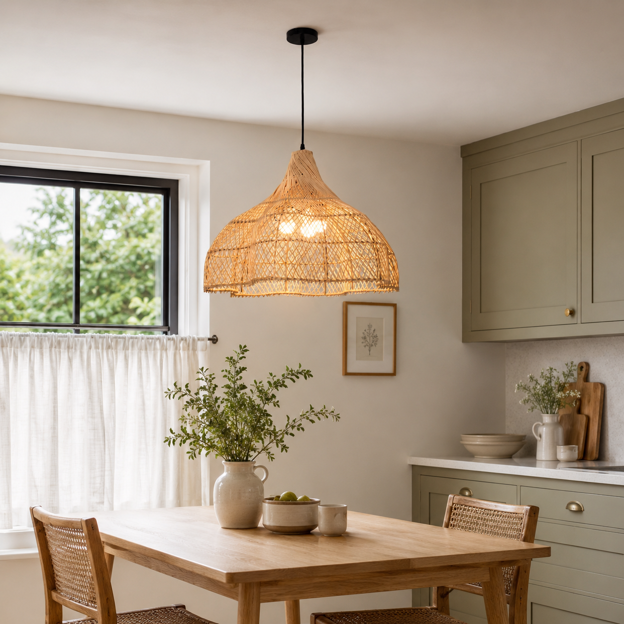Handcrafted rattan umbrella pendant in a bright dining nook