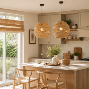 rattan pendant light above a bright dining table