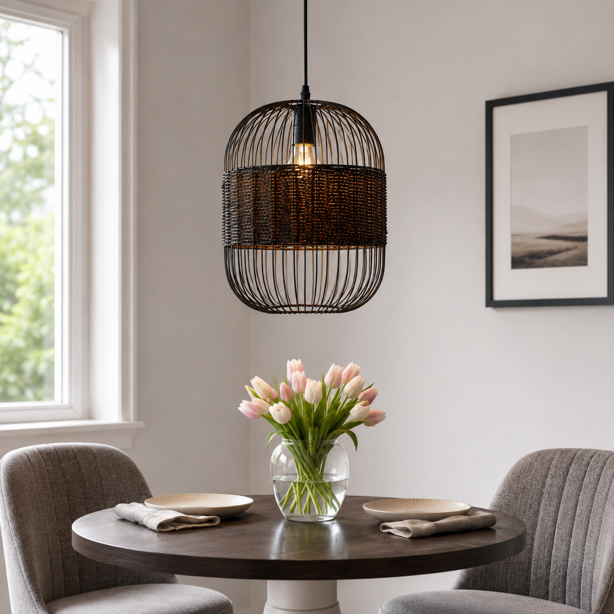 black pendant light above a bright dining table