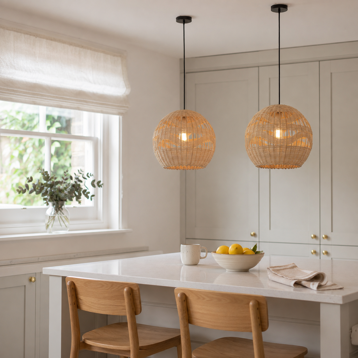 rattan pendant light over a warm kitchen counter