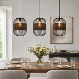 black pendant light over a warm kitchen counter