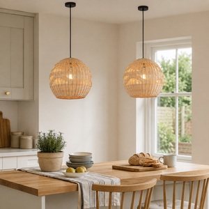 rattan pendant light in a sunlit breakfast nook
