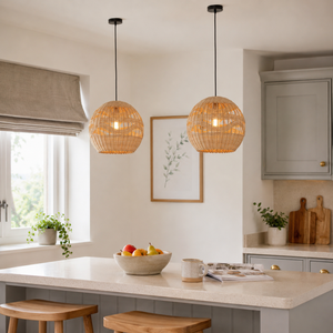 rattan pendant light beside a bright window