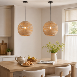rattan pendant light above a cozy living room table