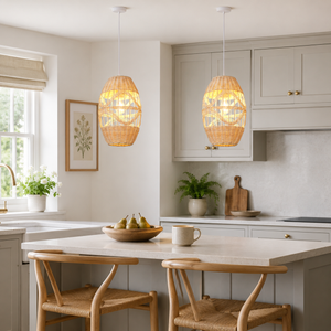 rattan oval pendant light in a sunlit breakfast nook