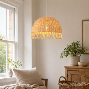 rattan globe pendant light in a sunlit breakfast nook