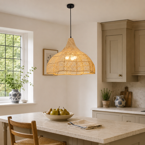 Warm umbrella rattan pendant above a kitchen island