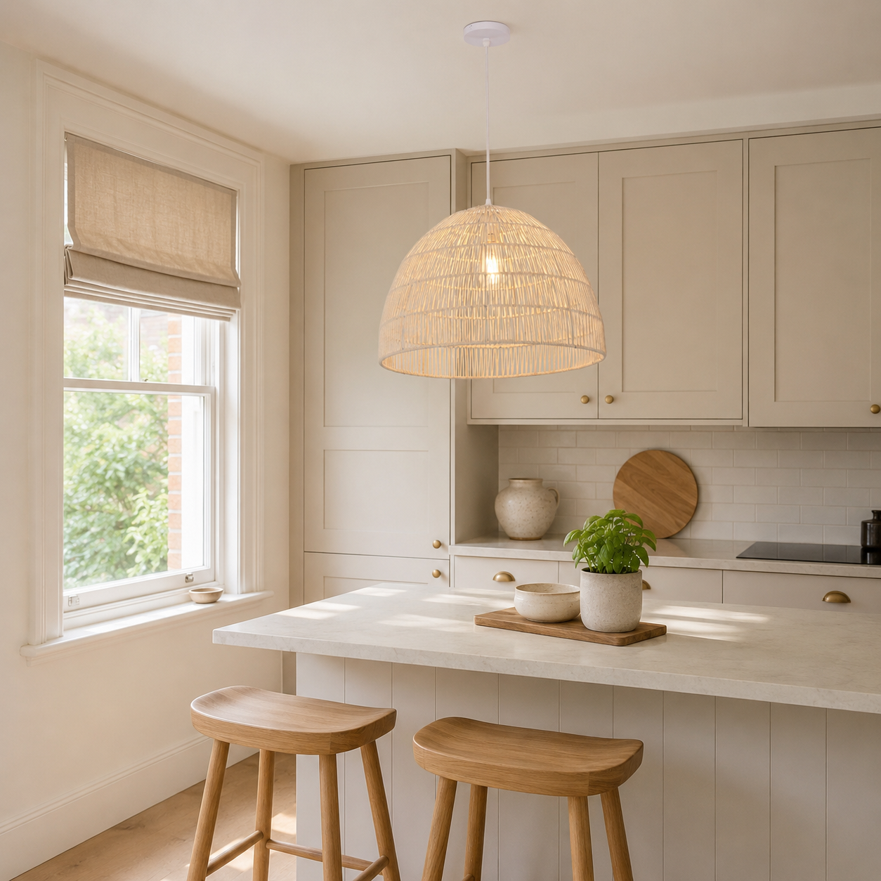 Handwoven paper rope dome pendant over a bright kitchen table