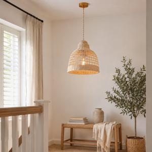 rattan pendant light in a sunlit breakfast nook
