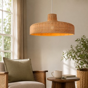 rattan pendant light beside a bright window