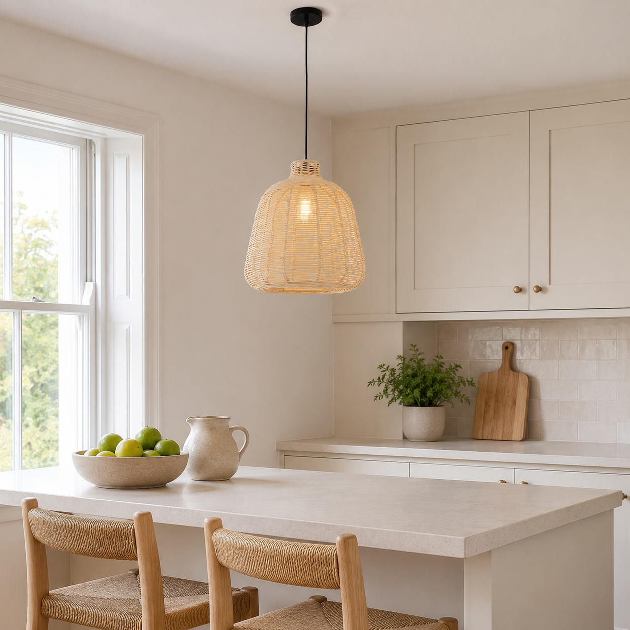rattan pendant light over a warm kitchen counter