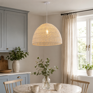 Eco-friendly paper rope pendant near a kitchen window