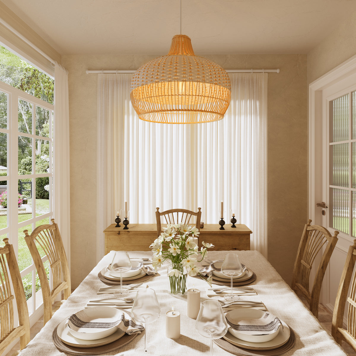 Dewlight-Handwoven White Rattan Light Pendant | Pendant Lamp Kitchen Island