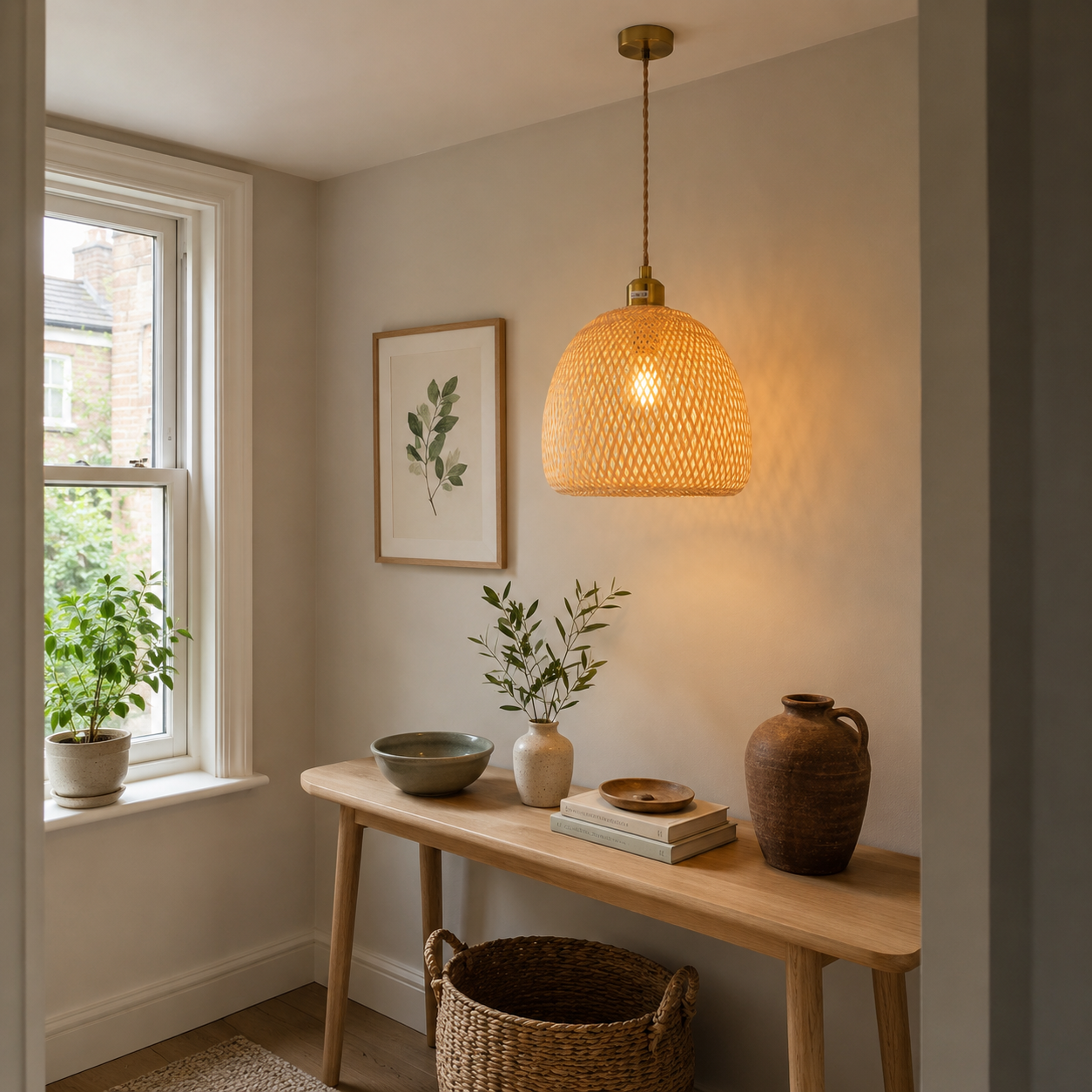 bamboo pendant light over a warm kitchen counter
