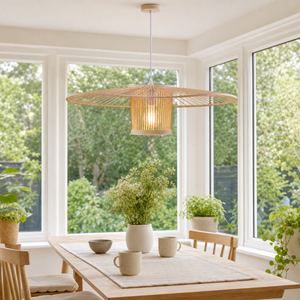 Bamboo fan pendant by bright dining room windows