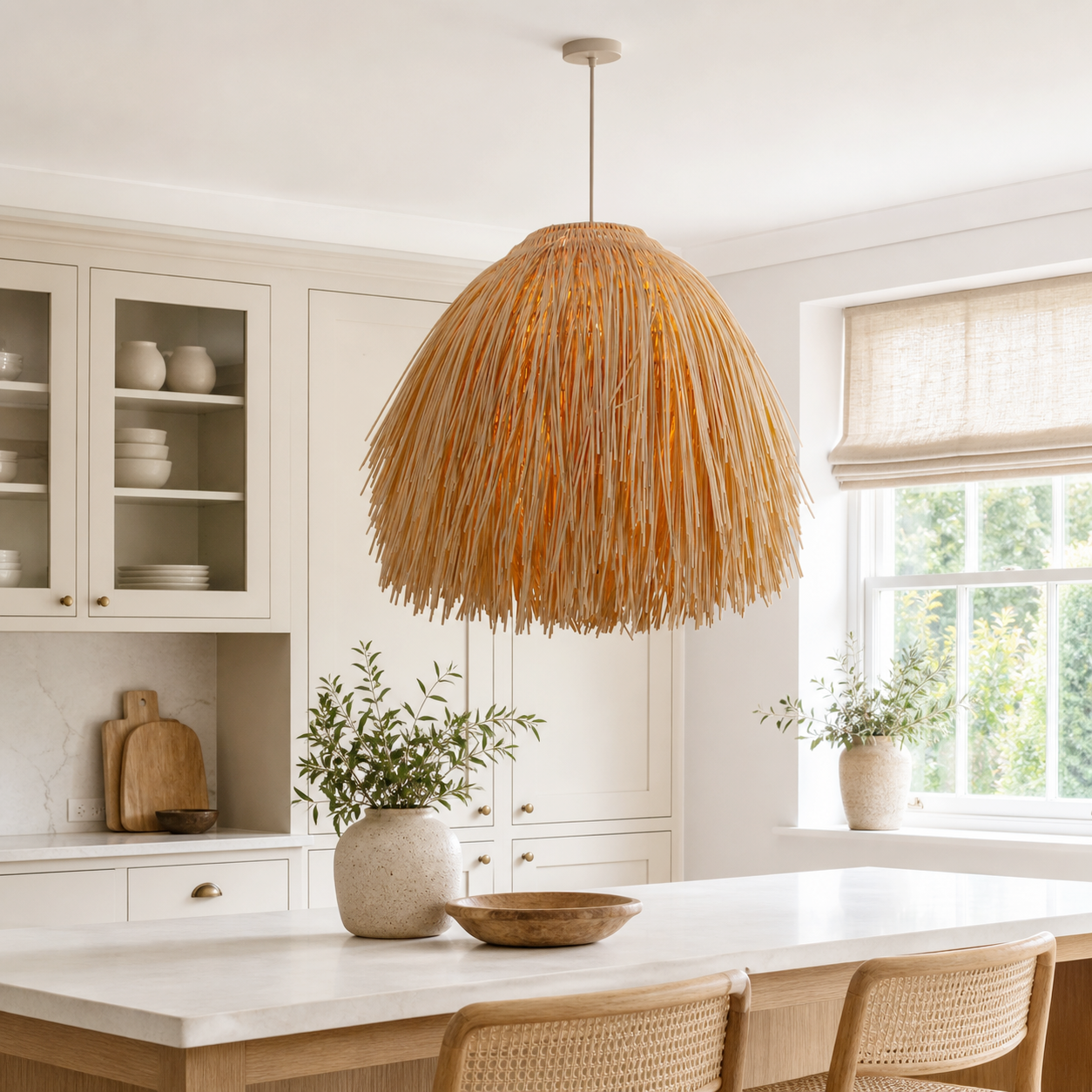 Scarecrow rattan pendant over a bright kitchen island