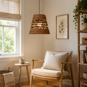 paper rope pendant light beside a bright window