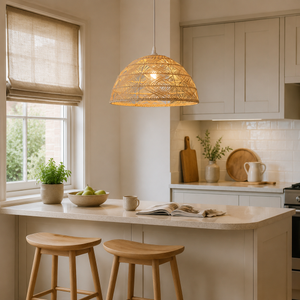 rattan dome pendant light above a bright dining table