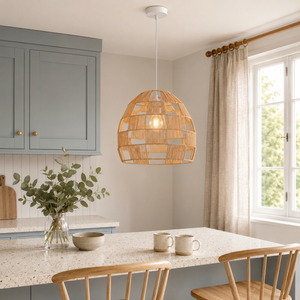 rattan pendant light in a sunlit breakfast nook