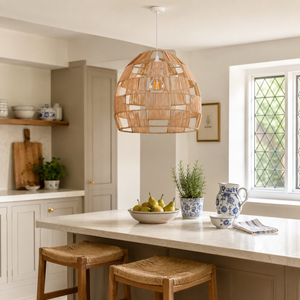 rattan pendant light beside a bright window