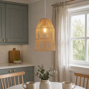 rattan pendant light in a sunlit breakfast nook