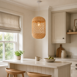rattan pendant light above a bright dining table