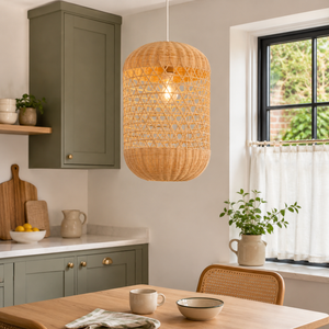 rattan pendant light over a warm kitchen counter