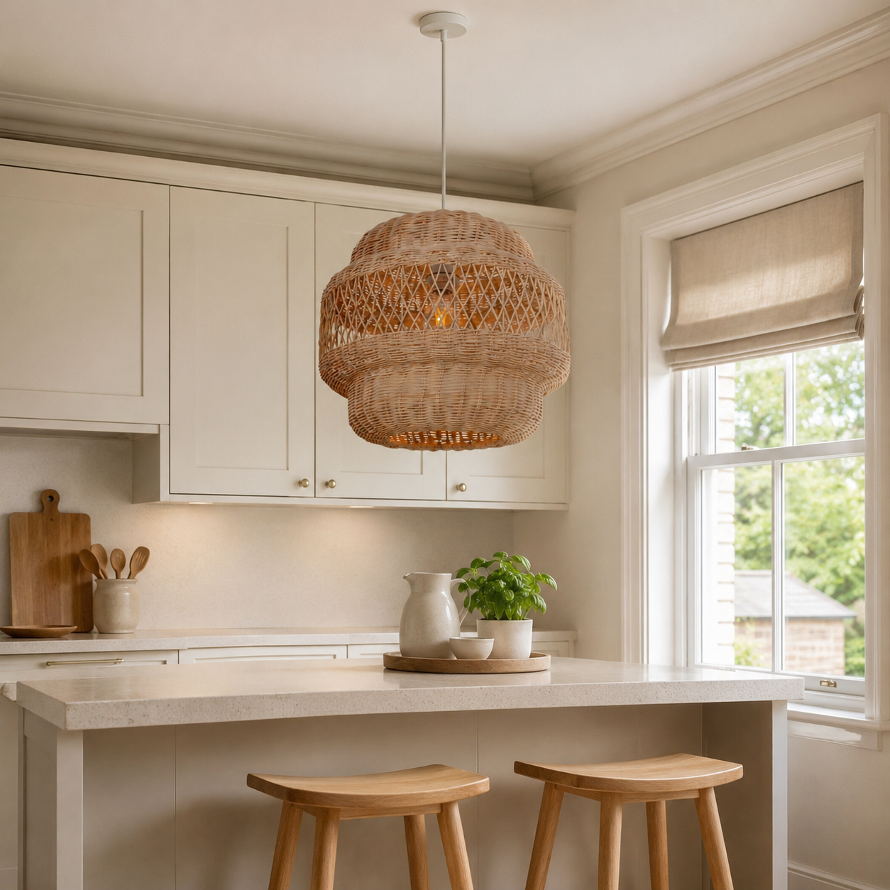 rattan pendant light above a bright dining table