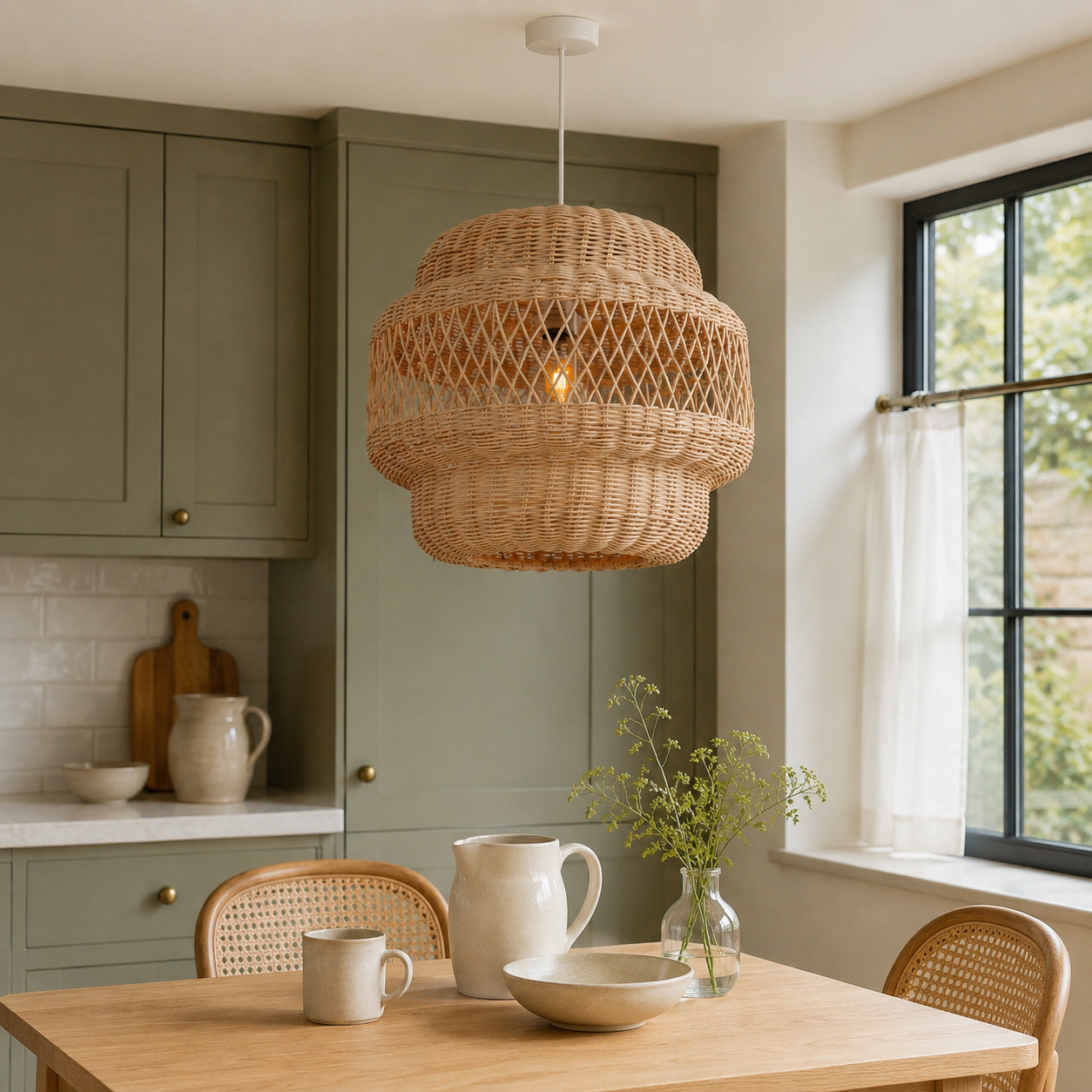 rattan pendant light over a warm kitchen counter