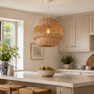 rattan pendant light beside a bright window