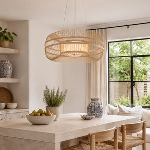 Wide bamboo drum pendant above a kitchen island