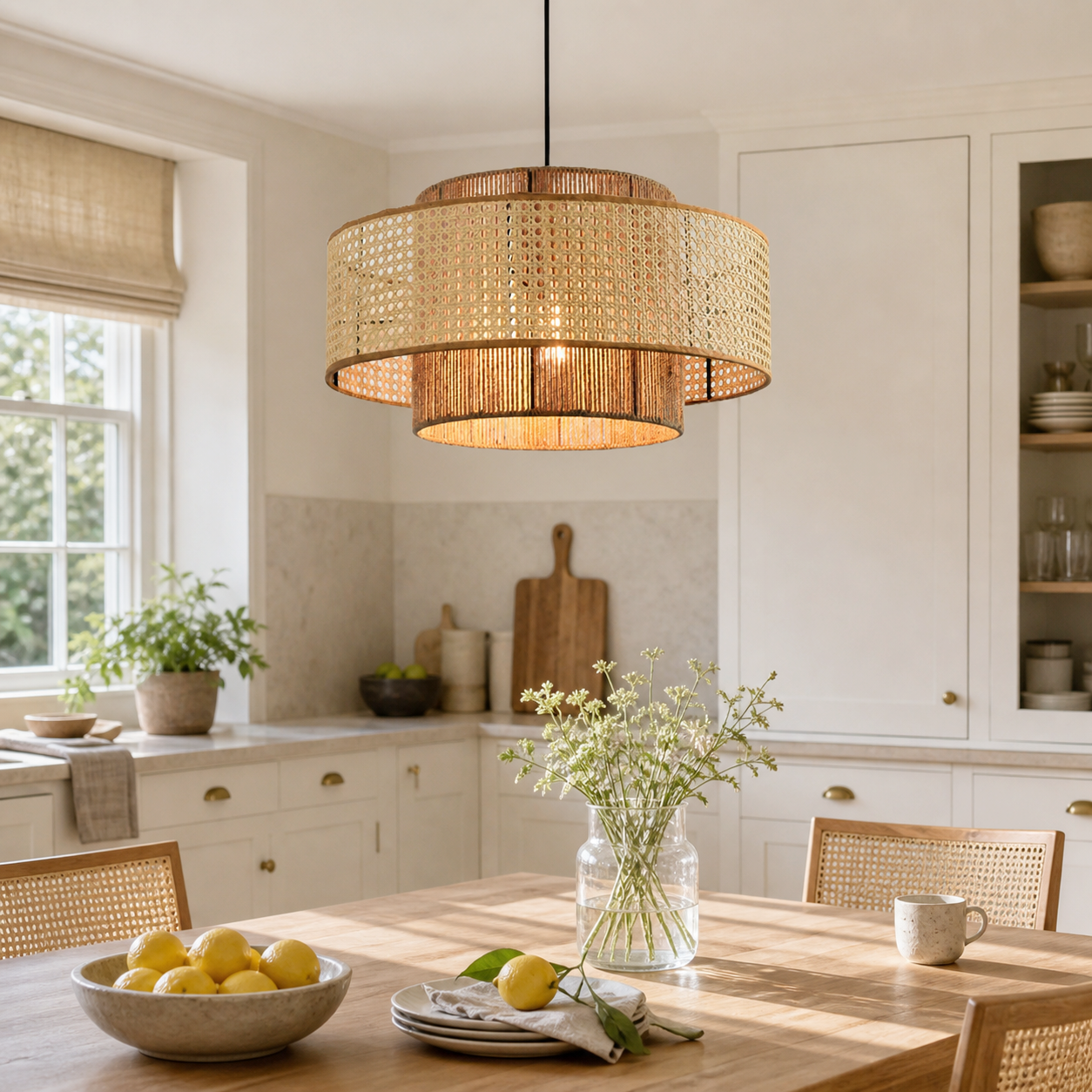 Natural rattan and hemp rope pendant over a bright kitchen island