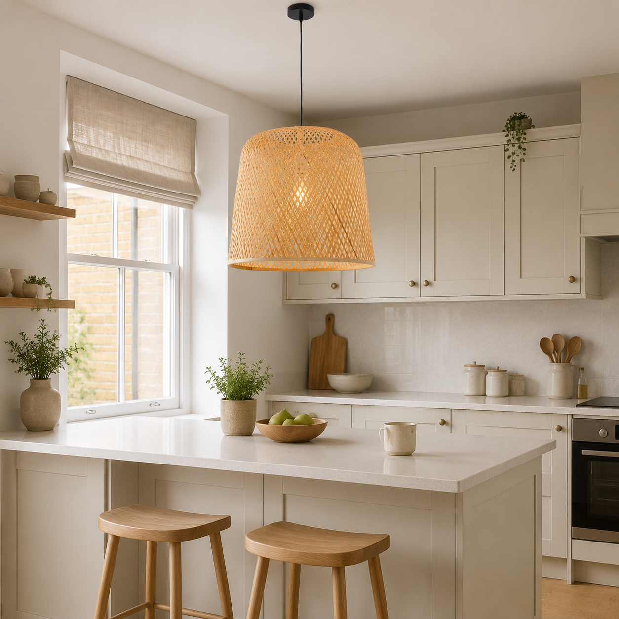 Handwoven bamboo cylinder pendant above a dining counter