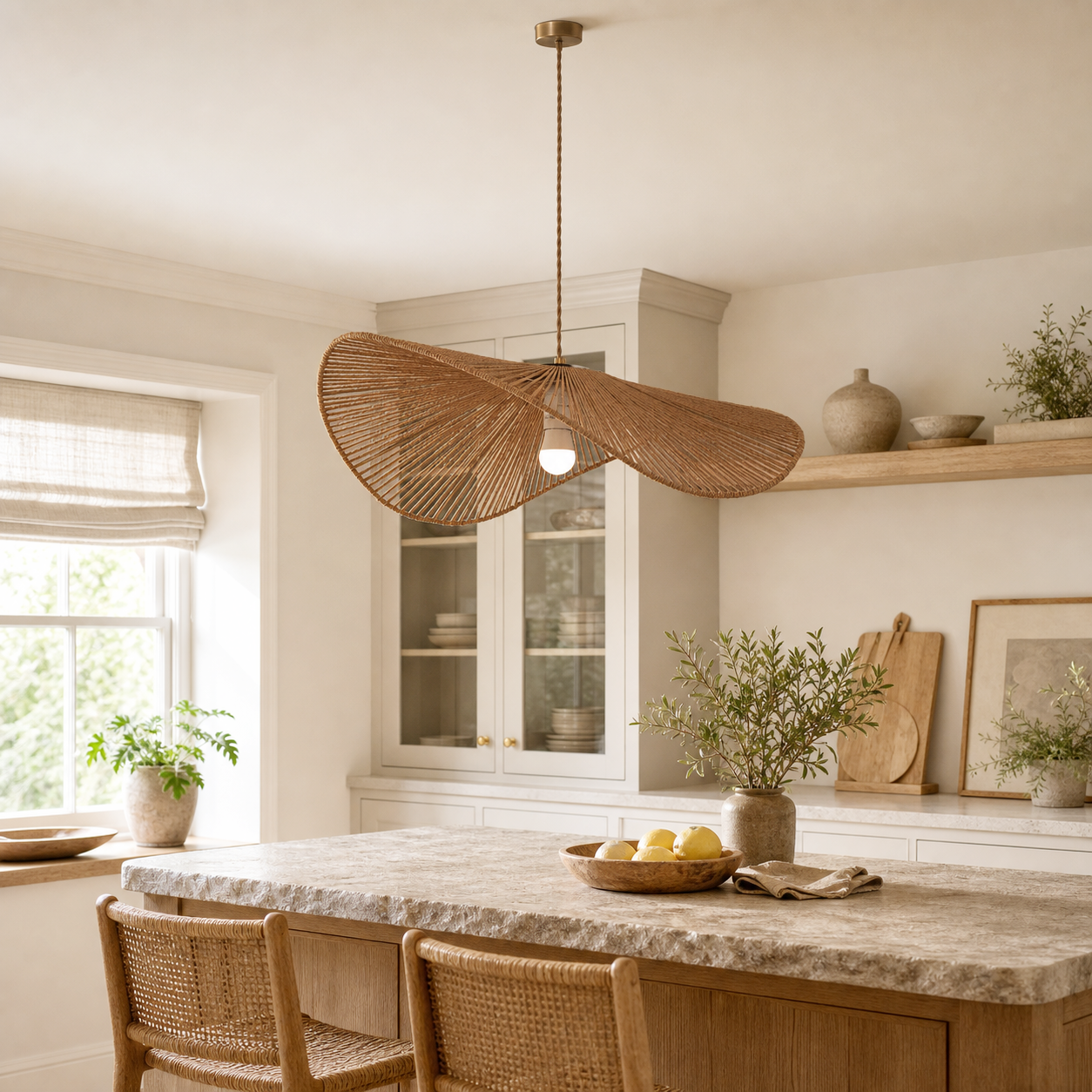 Butterfly-shaped hemp rope pendant above a warm kitchen counter
