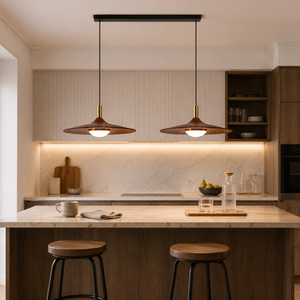 walnut double pendant light above a kitchen island with bar stools