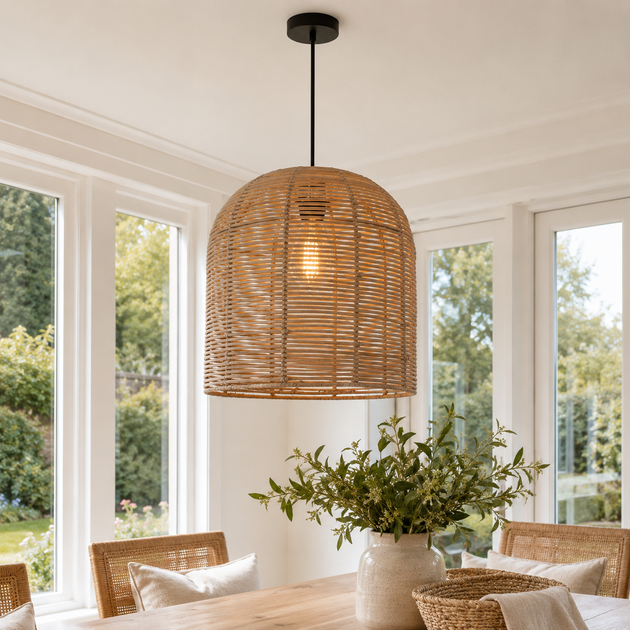 Rustic rattan dome pendant over a bright dining table