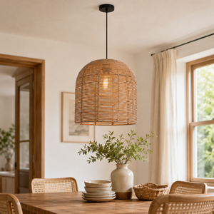 Rustic dome rattan pendant in a warm dining room
