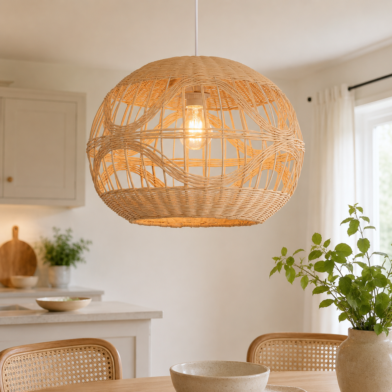 Handwoven spherical rattan pendant glowing in a kitchen nook
