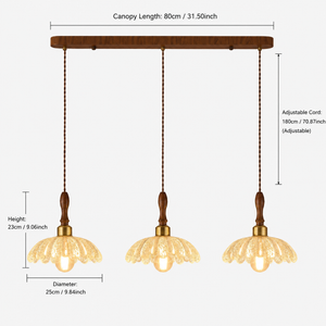dimension chart for the three-light walnut resin pendant for 3-light walnut resin mini pendant light