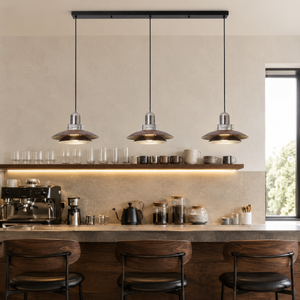 3-light walnut iron pendant light above a cafe-style counter