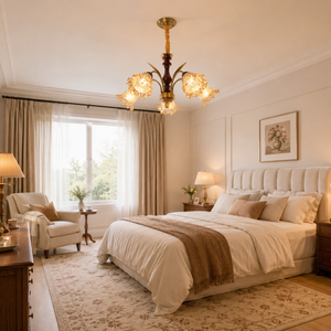 5-light vintage glass flower chandelier in a cosy bedroom with soft light