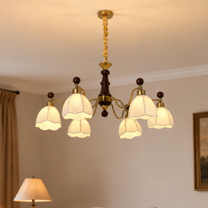 6-light yellow fabric chandelier with yellow fabric shades and gold frame