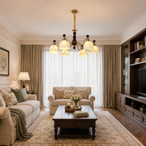 6-light yellow fabric chandelier in a neutral living room with soft glow