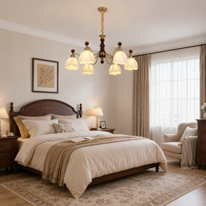 6-light yellow fabric chandelier in a warm bedroom setting