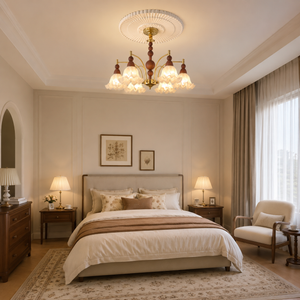 6-light white glass chandelier in a warm bedroom setting